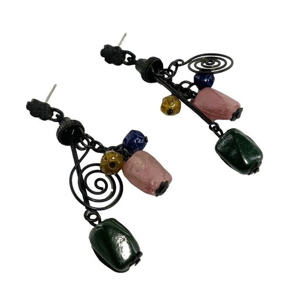 Vintage Natural Stone Dangle Earrings With Multicolor Beads & Spiral Design - Picture 2 of 4